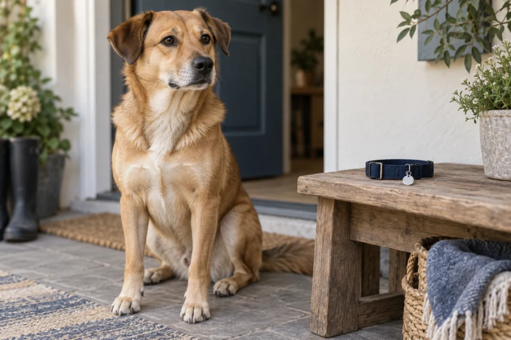Hund vid ett halsband med en enkel id-bricka