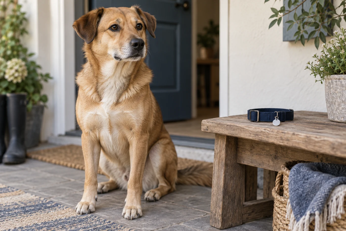 Hund vid ett halsband med en enkel id-bricka